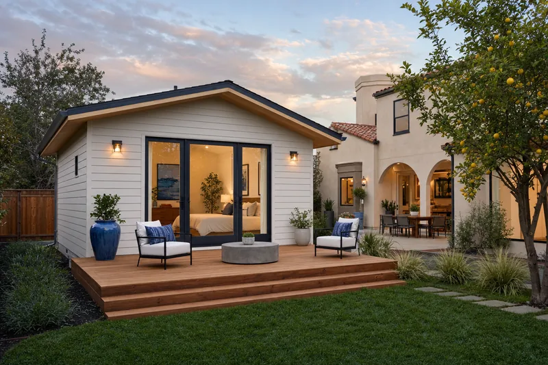 A small backyard cottage behind a California house