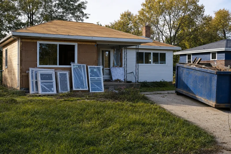 A small ranch house mid-renovation with new windows waiting on the porch