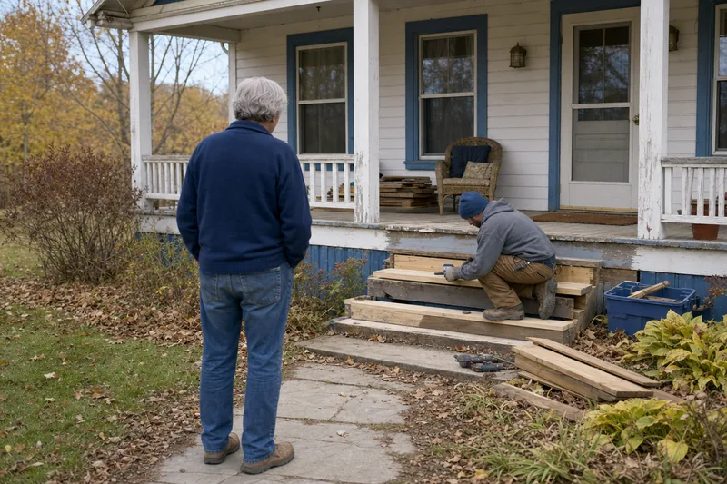 An older homeowner watching a carpenter replace a porch step